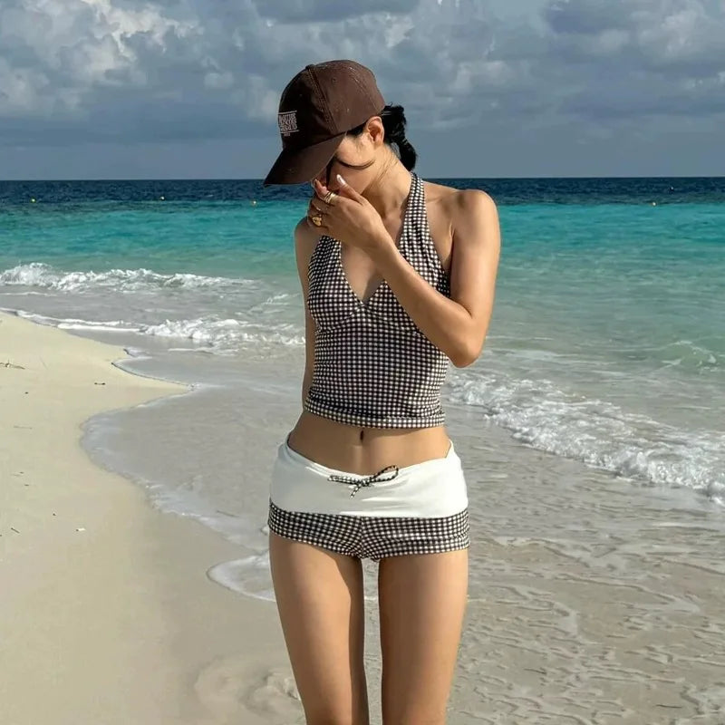 New Sexy Deep V Push Up Bikini Set High Waisted Checkered Brief Tummy Control Backless Two Piece Swimsuit for Beach Vacation