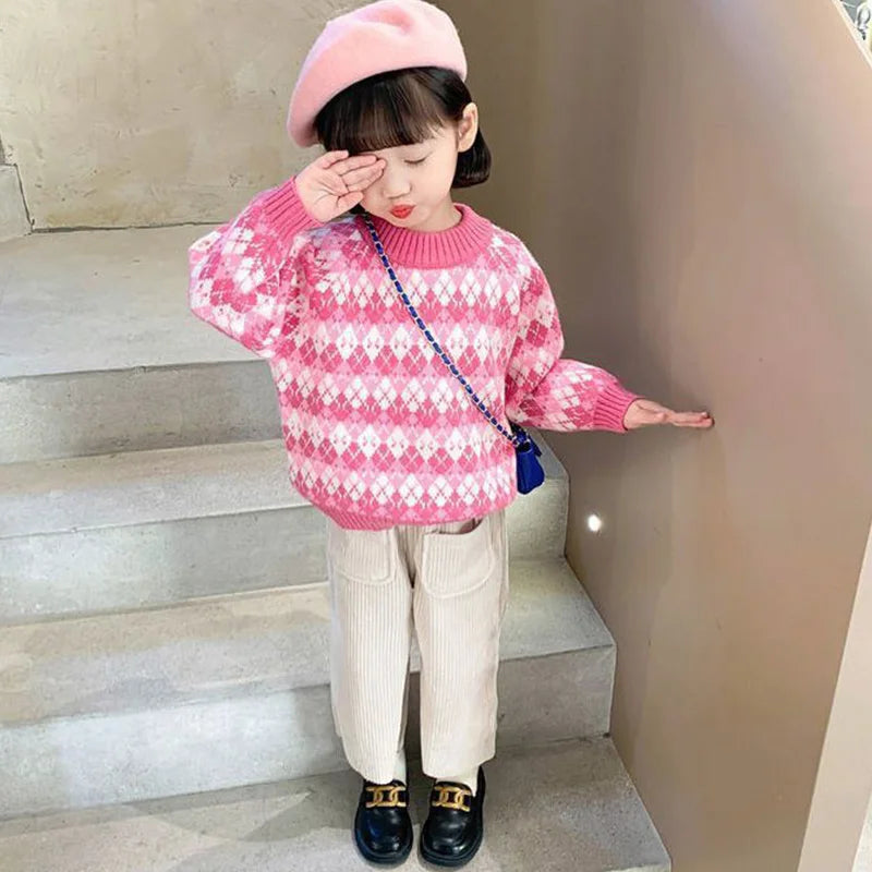 Girls' Sweater Thickened Autumn/Winter New Fashionable Versatile Children's Knitted Sweater Girls' Top Sweet and Cute