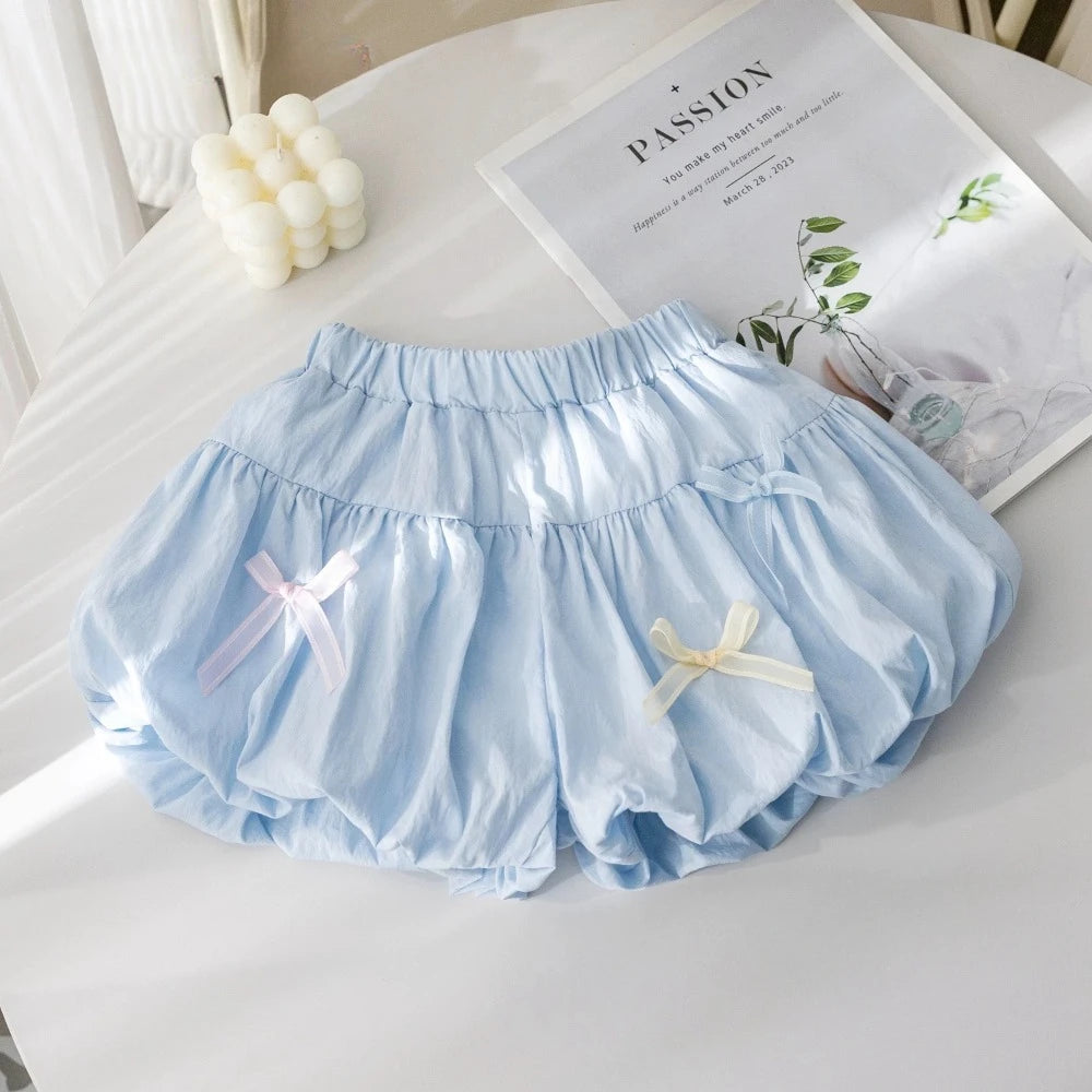 Bear Leader Summer Solid Color Girls Clothes Bow Decorative Shorts Korean Version Casual Folded Children's Clothing 3-7 Years