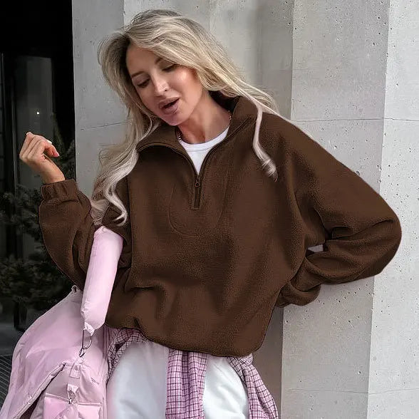 Pink Winter Lamb Fleece Hoodie Women Zipper Lapel Pullover