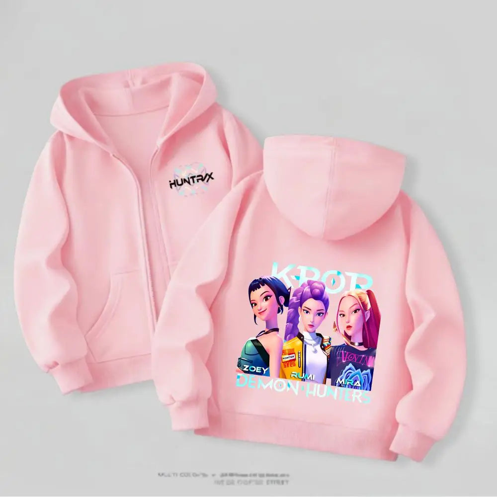 Kpop Demon Hunters Girls Hooded Jacket Spring New Kids Clothing Casual Cartoon Outerwear Children's Clothes Fashion Coats Thin