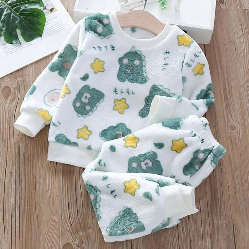 Boys Coral Fleece Pajama Sets Plus Velvet Thick Flannel Homewear Children Winter Warm Sleepwear Suit 2Pcs Girls Pantsuit