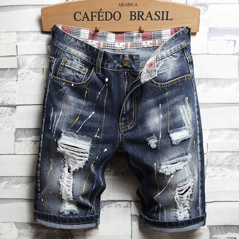 Summer Clothes New Men Vintage Ripped Short Jeans Streetwear Fashion Hole Straight Slim Denim Shorts Male Brand Pants