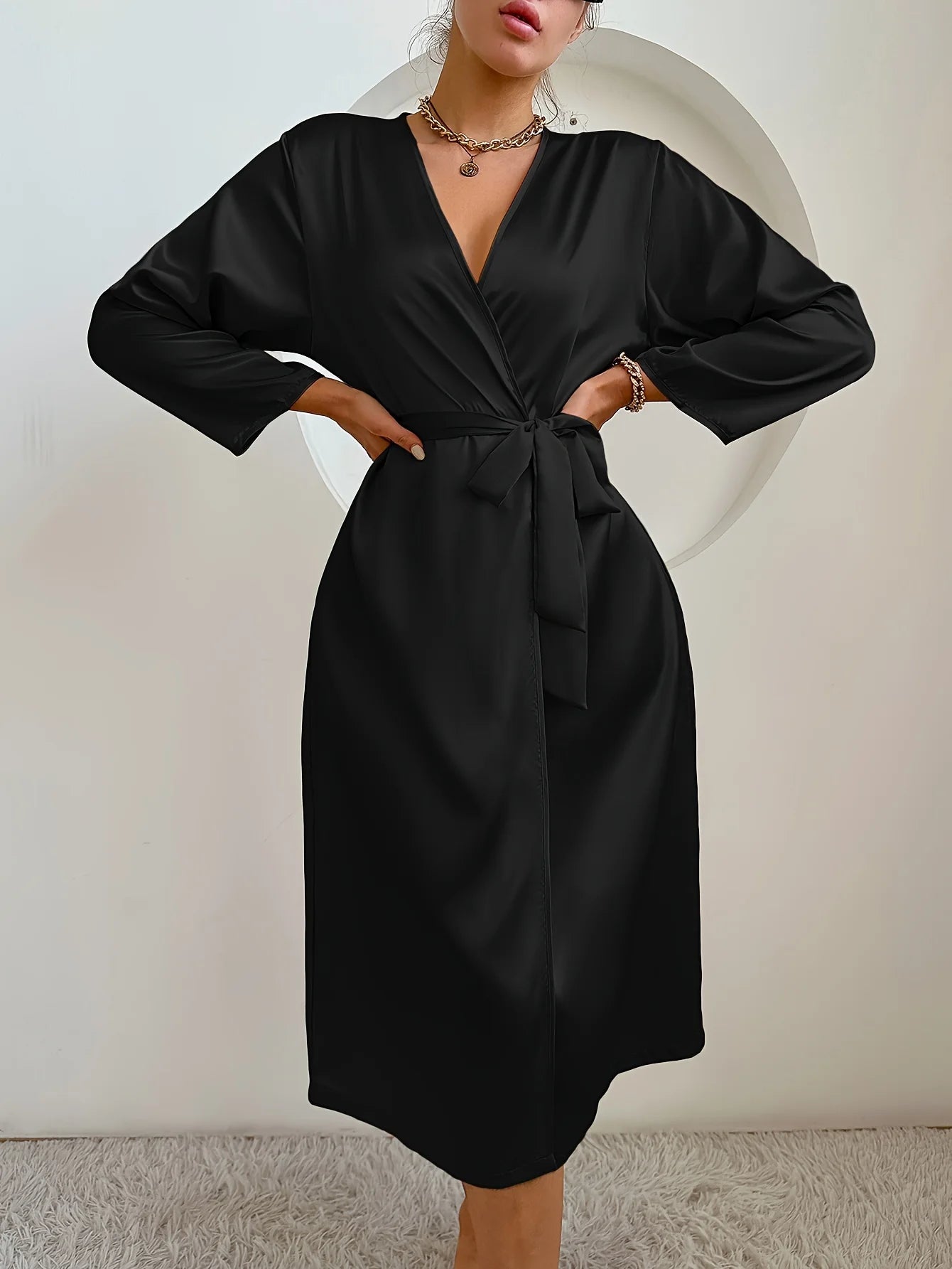 Women's Satin Robe Belted Elegant Solid Color Silky Comfort Bathrobe Loungewear