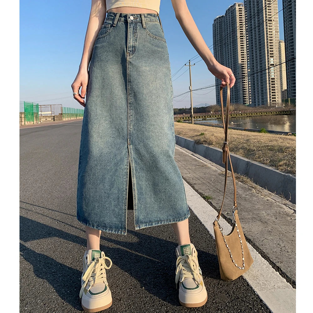 High-Waist Denim A-Line Maxi Skirt