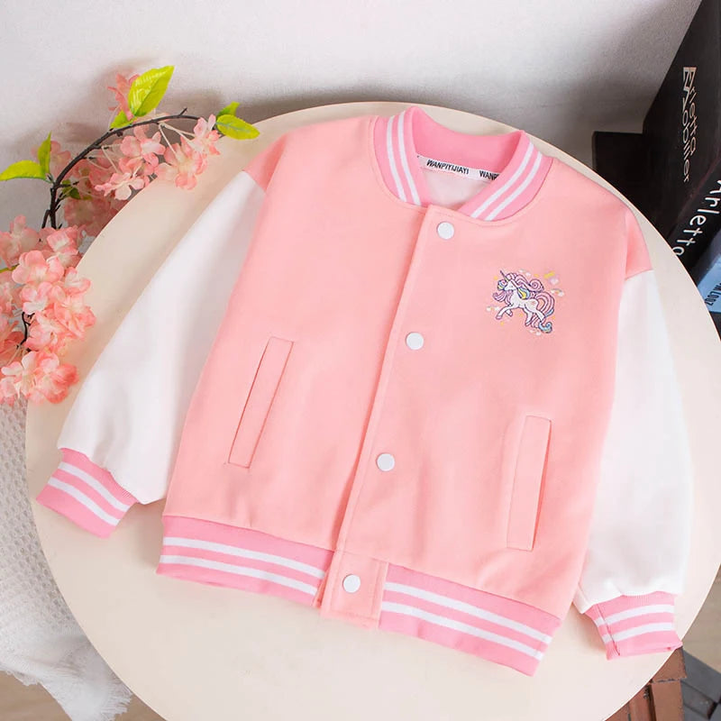 3-12 Years Girls Baseball Coat Spring Autumn Cute Cartoon Unicorn Outerwear Fashion Teenage Girl Sport Jacket Kids Clothes