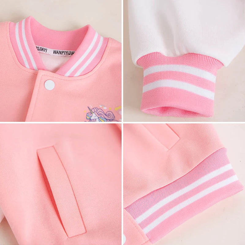 3-12 Years Girls Baseball Coat Spring Autumn Cute Cartoon Unicorn Outerwear Fashion Teenage Girl Sport Jacket Kids Clothes