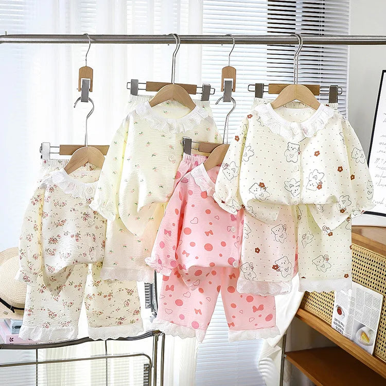 Kid Cute Floral New Sleepwear 2pcs Toddler Children Homewear Pajamas Thin Spring Summer Boys Girl Air Conditioning Clothing