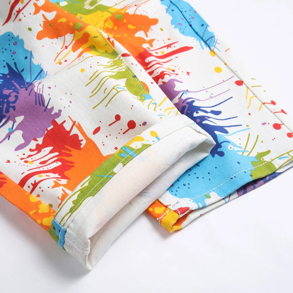 Men Fancy Color Painted Shorts Summer Y2K Stretch Denim Breeches Digital Print White Jeans
