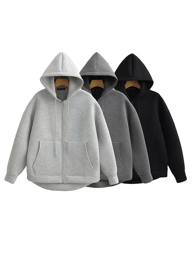 Loose Fit Hooded Zipper Jacket