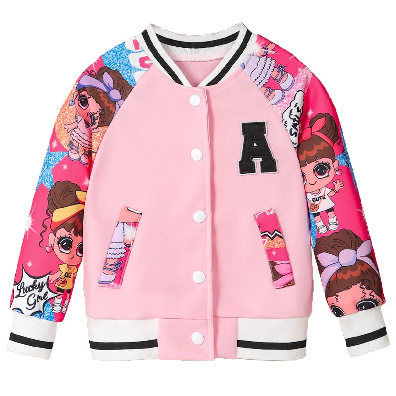 Girls Letter "A" Pattern Cartoon Doll Print Baseball Uniform Jacket, Children's Spring and Autumn Casual Jacket