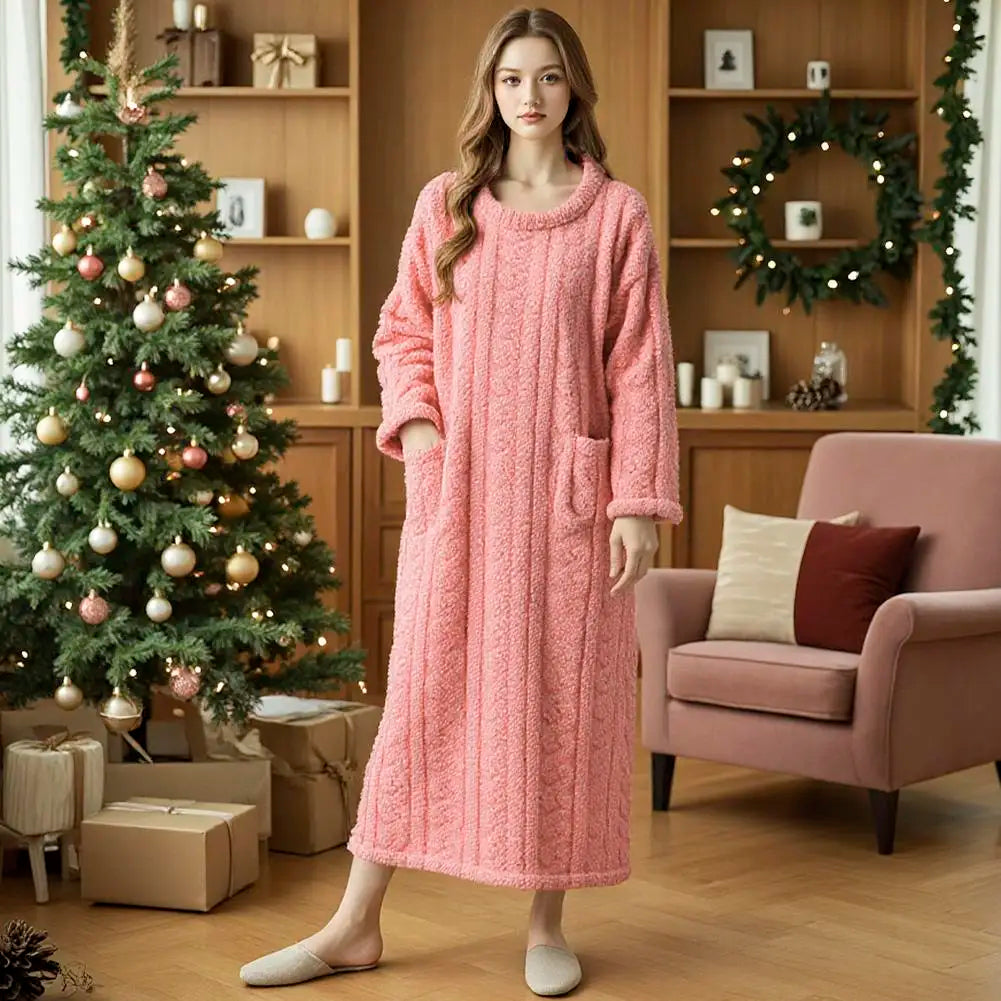 Winter Long Sleeve Double Pocket Flannel Nightgowns Women Loose Solid Sleepwear Jacquard Night Dress Thickened Warm Nightdress