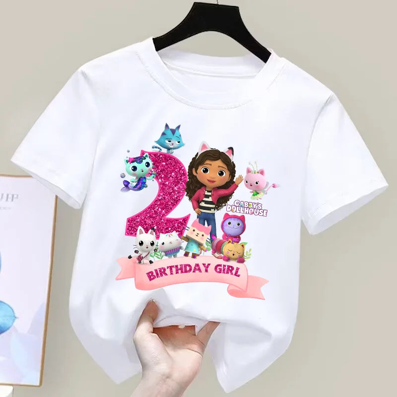 Gabbys Dollhouses Birthday Number T-shirt Girls White Pink Short Sleeve T-shirts Tops Cotton Summer Casual Party Supplies Tee