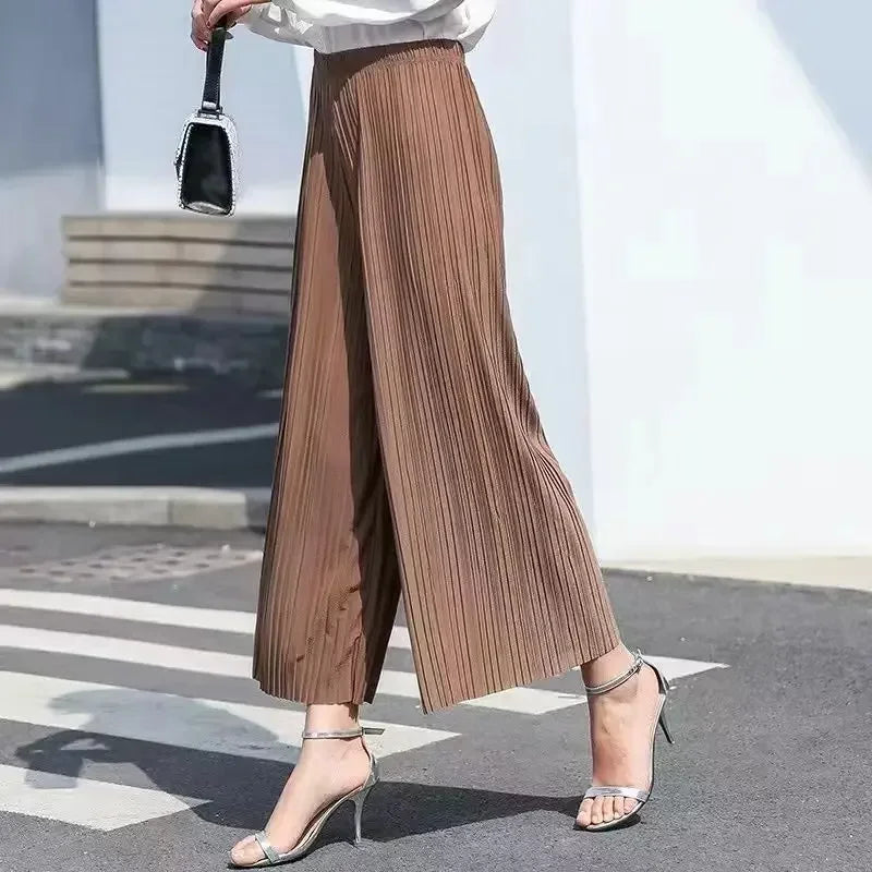 Summer New Women's Pants Korean Fashion Solid Elastic Waist Pleated Loose Skirt Pants Plus Size Casual Wide-leg Cropped Pants