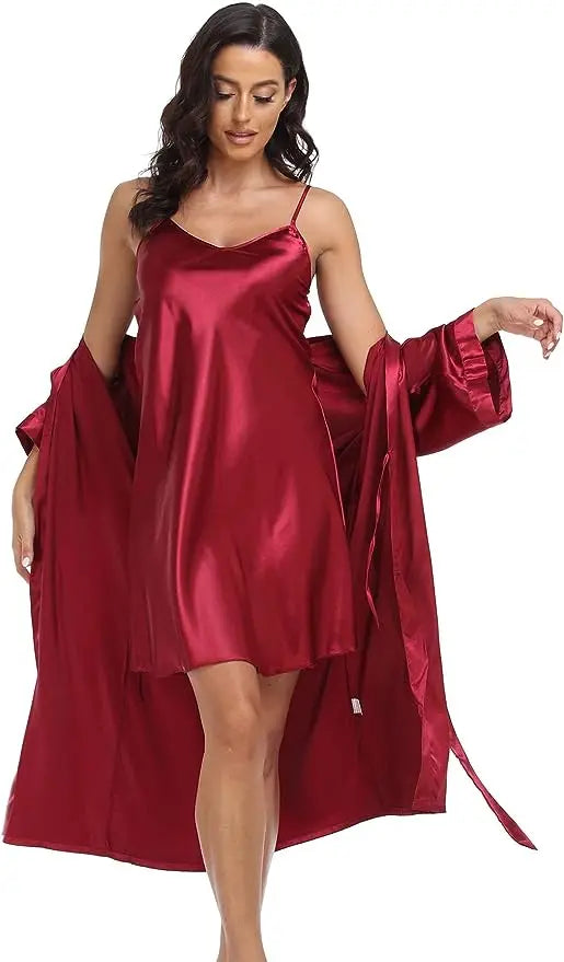 Women's Silk Satin Pajamas 2Pcs Sexy Silky Pj Robe Set with Chemise Nightgown