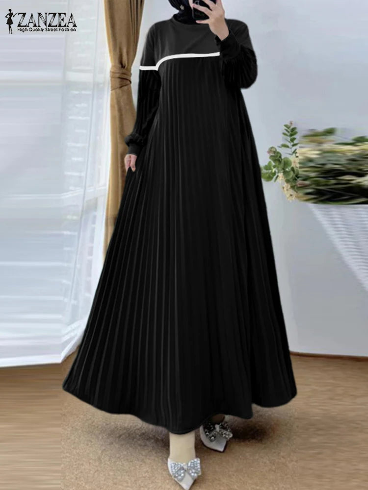 ZANZEA Muslim Women Color-Block Maxi Dress Plisse Patchwork Trendy Islamic Long Sleeve Abaya Robe Hijab O Neck Pleated Vestidos