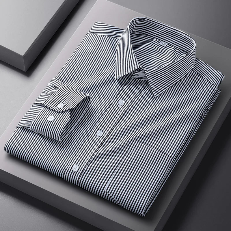 Men Formal Shirt Long Sleeve Office Solid Color Anti-Wrinkle Fashion Business Pocket White Social Pocket OfficeWhite Shirt S-5XL