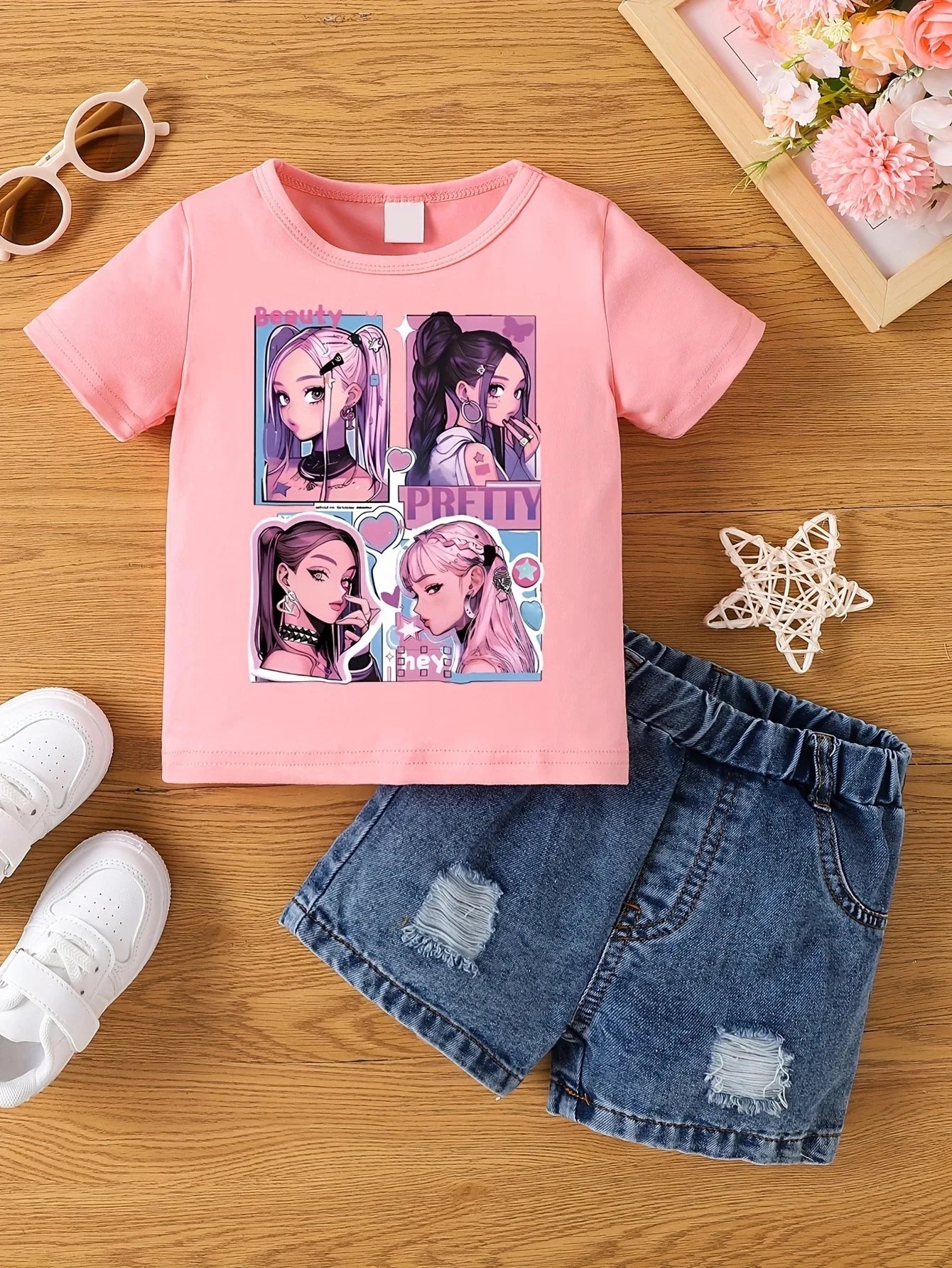 Aby Boys and Girls Summer Hot Painted Round Neck Short-sleeved Top Girls    Just T-shirts. Shorts not included