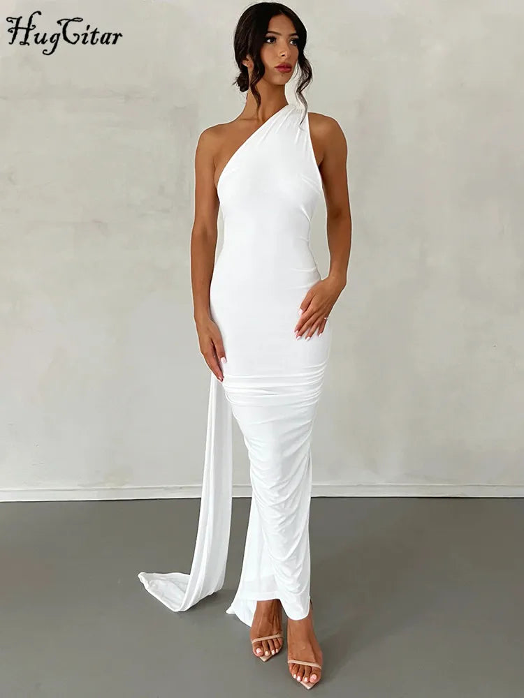 Hugcitar Sexy Maxi Dress WomenOne Shoulder Backless Adjustable Scarf