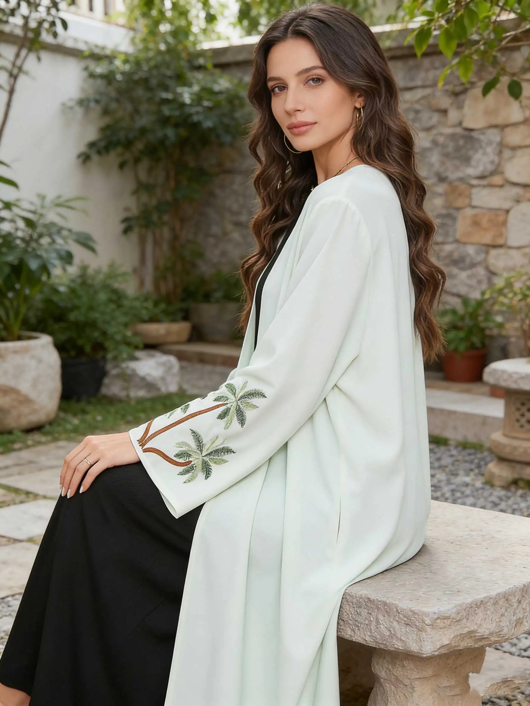 Elegant Abaya Palm Tree Embroidered Sleeves Open-Front Design Women Muslim Turkish Kaftan Ramadan Islam Qatar Arabic Gowns 2026