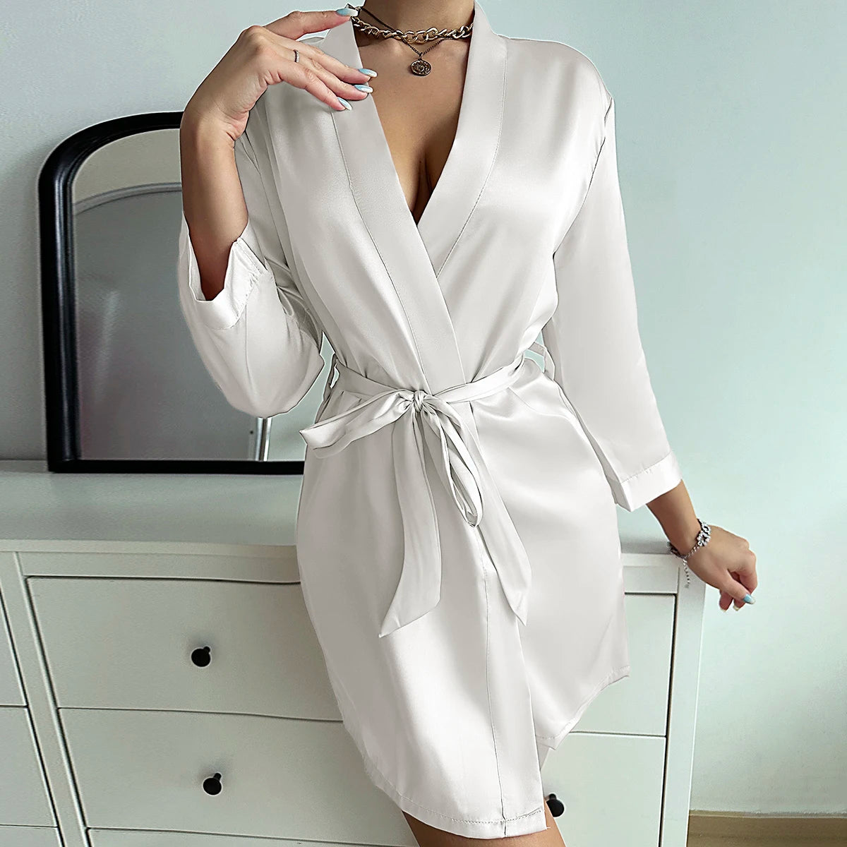 Pajamas women summer European and American ladies lace-up bathrobe sexy morning gown home dress can wear ice silk robe