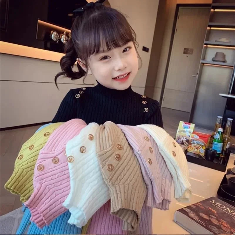 Girls Sweater Winter Decorative Buttons High Neck Solid Color Bottom Shirt Multicolour Children High Elasticity Knit Pullover