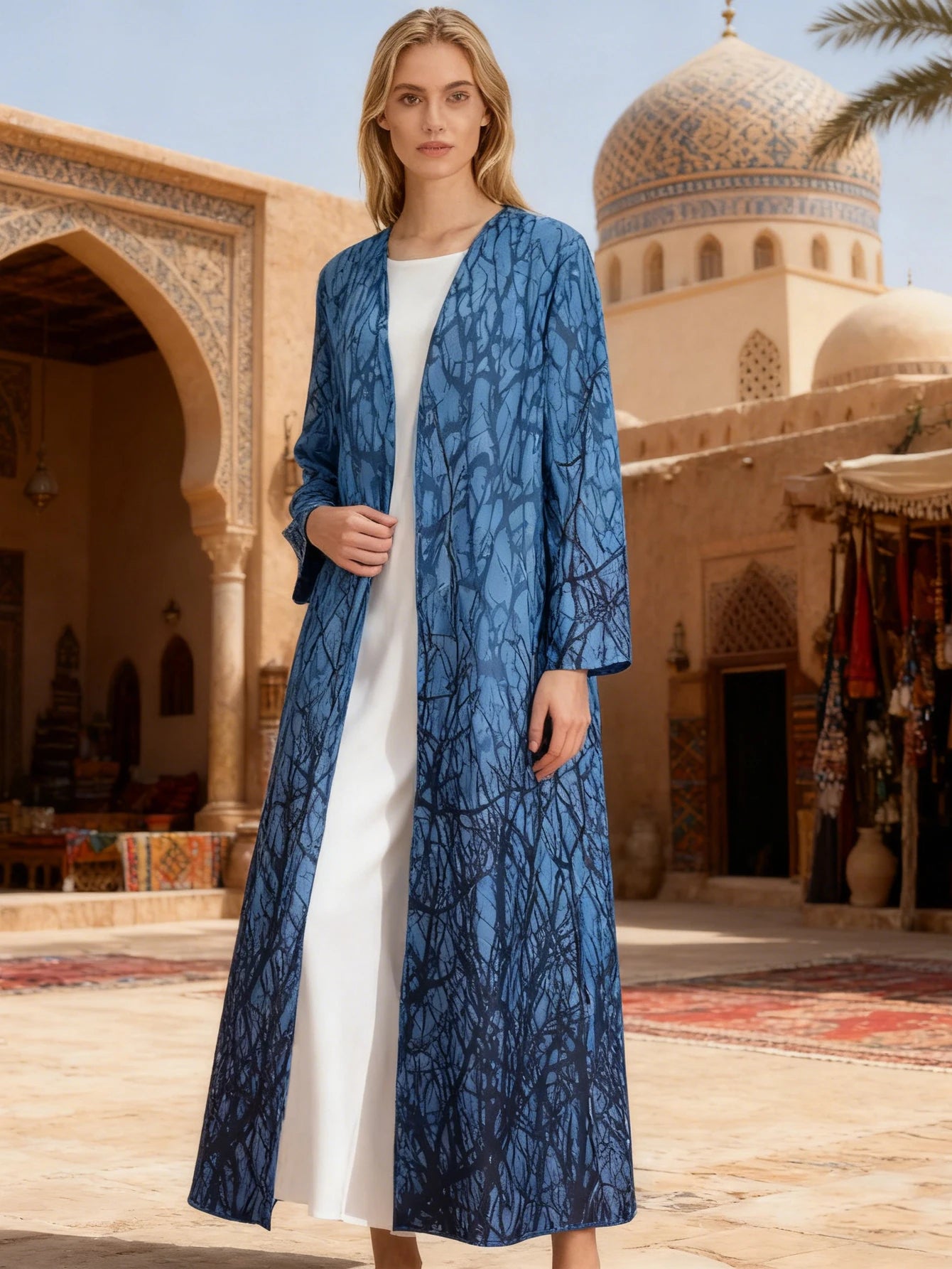 Stylish Tree Branch Print Open-Front Relaxed-Fit Long Abaya Women Muslim Moroccan Kaftan Ramadan Islam Dubai Arabic Robe 2026