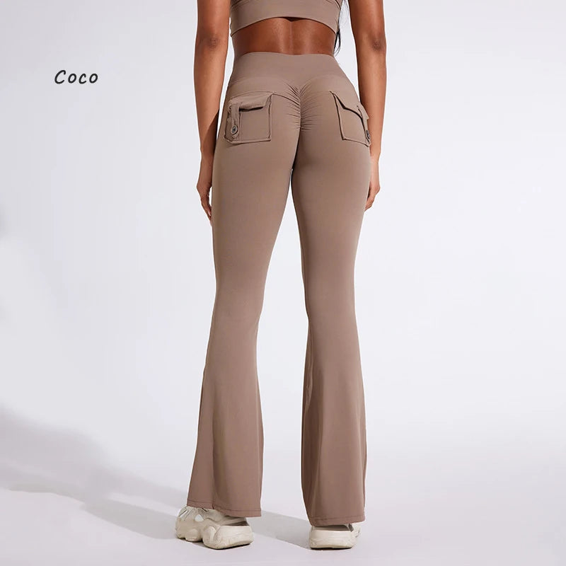 DIAS FIT JOY Women's pocket bell bottoms yoga high waisted hip lifting fitness pants quick drying running exercise fitness gym