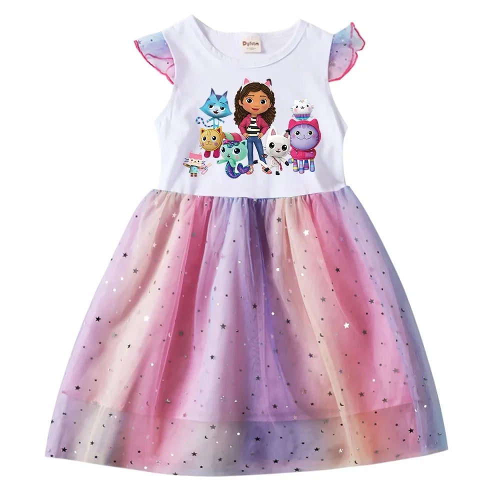 Baby Girls Dress Children Cartoon Mesh Star Sequins Princess Dress Kids Flying Sleeve Skirt For Daily Halloween Birthday Gift