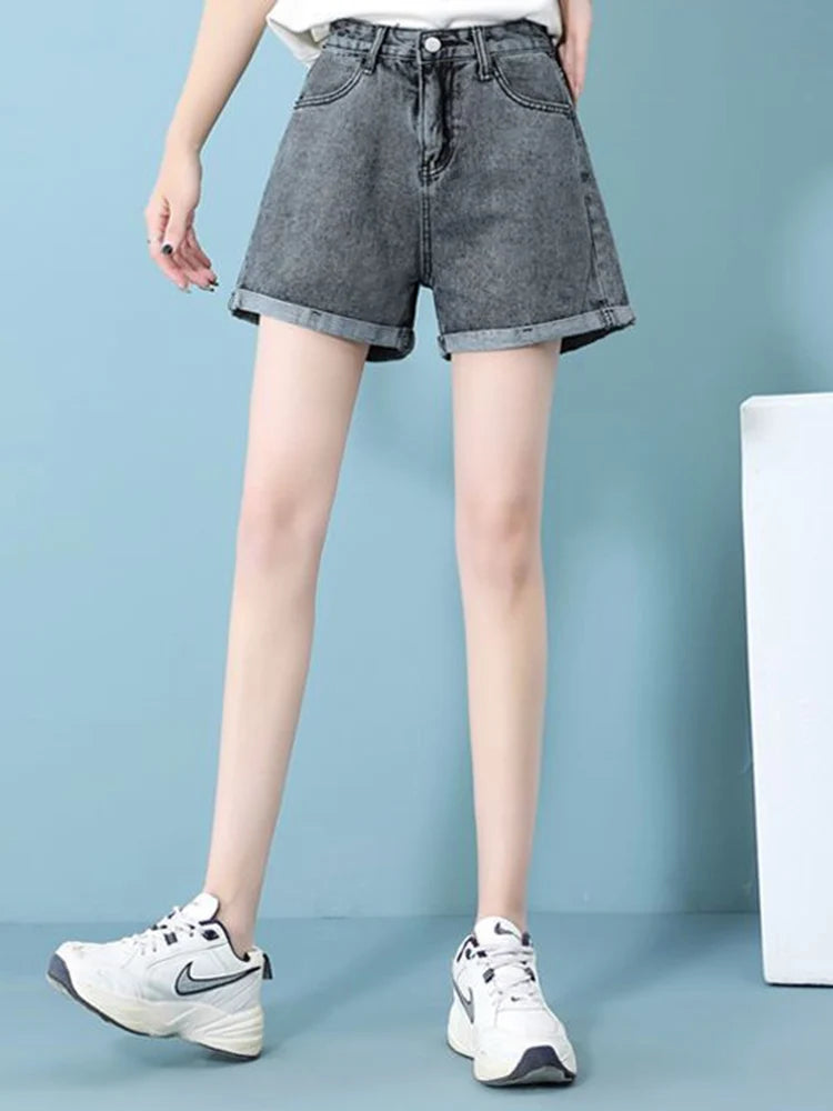 Summer 2026 New Women Rolled Edge Hot Denim Shorts Lady Korean Mini Pants Girls Elastic Blue Black Black Gray A Line Short Jeans