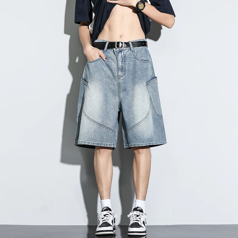 Summer New Baggy Denim Shorts Fashion Casual Straight Harajuku Jeans Male Vintage Wash Drawstring Short Pants Streetwear