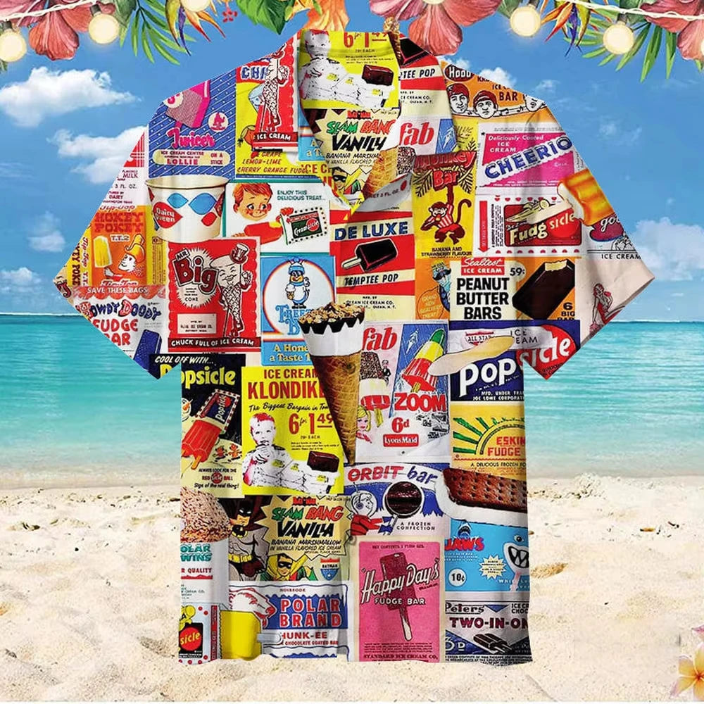 2024 Trendy Cool Fashion Ice Cream Shirts Beach Party 3d Print Hawaiian Shirt unisex Short Sleeve Oversized Blouse Lapel Shirts