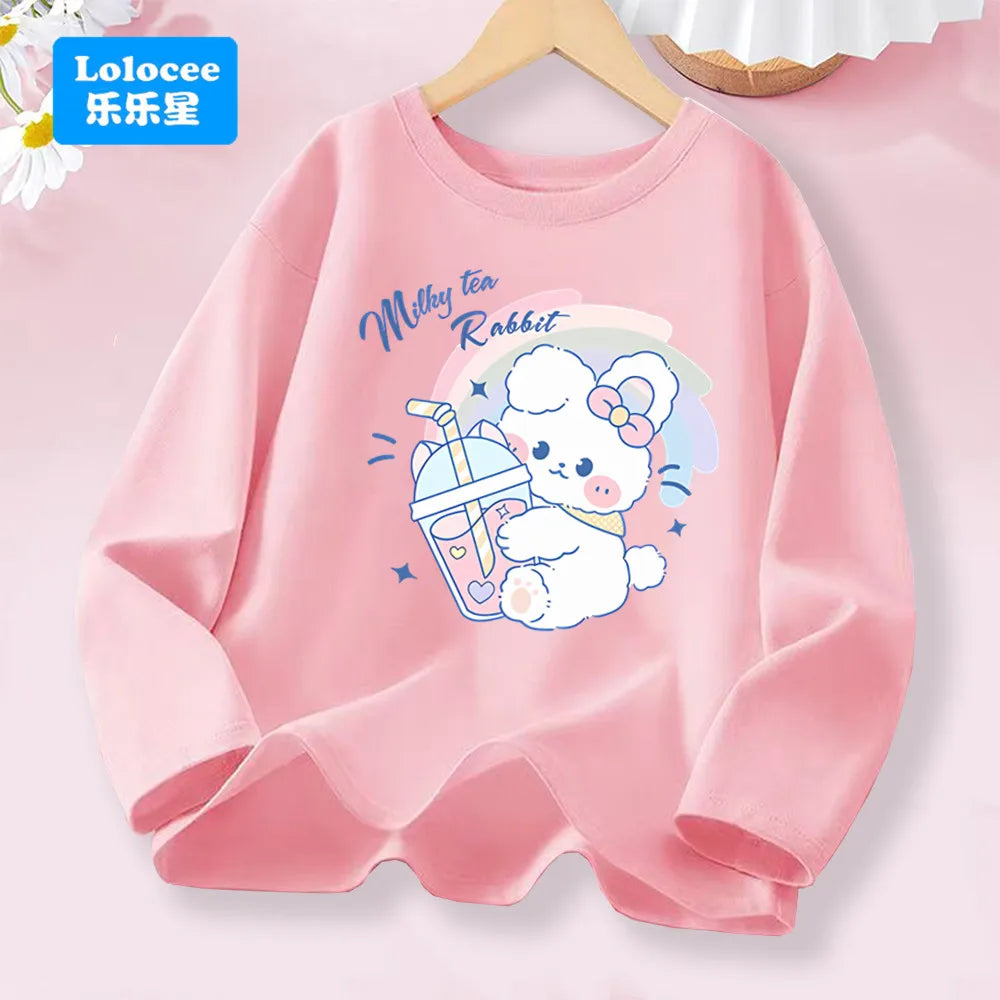 3-14years Girls' Pink Long Sleeve T-shirt - Cute "FRESH" Drink & Animal Print Kids Cotton Top 2026 Spring New