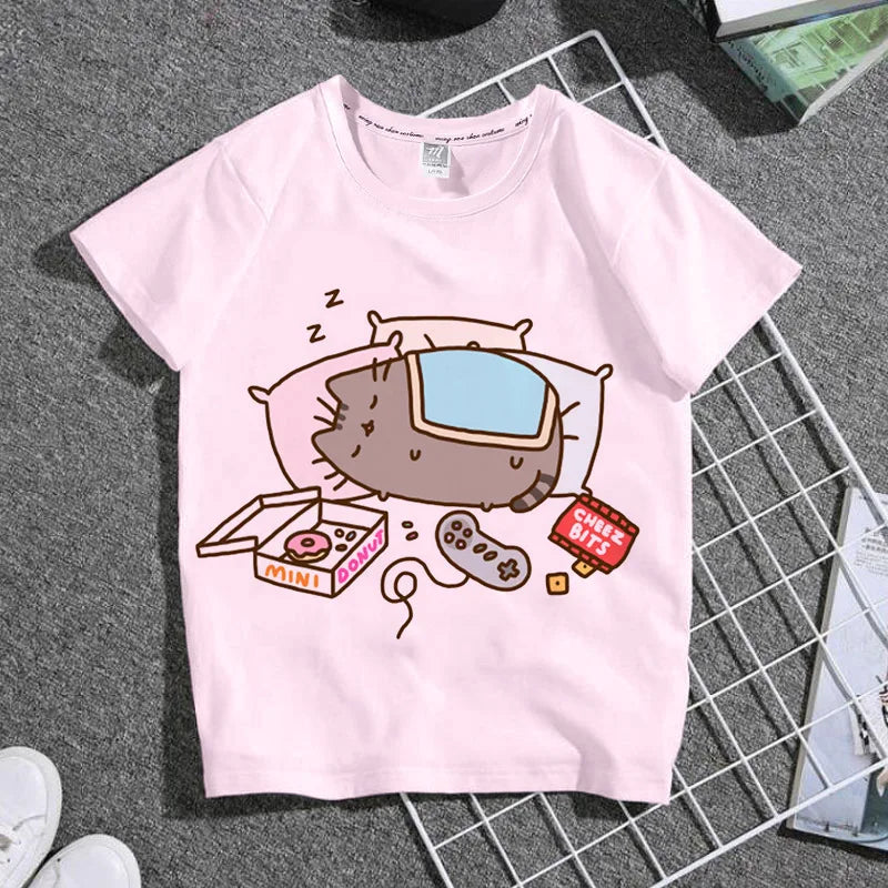 Summer Boys and Girls Children's T-shirt Cute Cat Cat Novel Cartoon Print Primary School Short Sleeve Parent-child Clothing