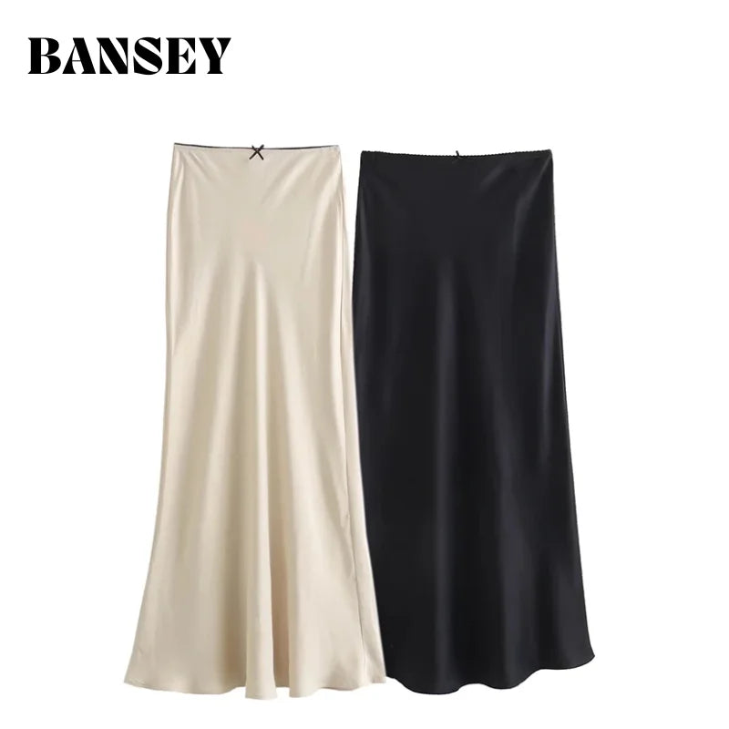 Chic Satin Bow Detail Maxi Women Skirt
