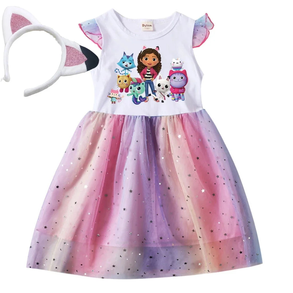 Baby Girls Dress Children Cartoon Mesh Star Sequins Princess Dress Kids Flying Sleeve Skirt For Daily Halloween Birthday Gift