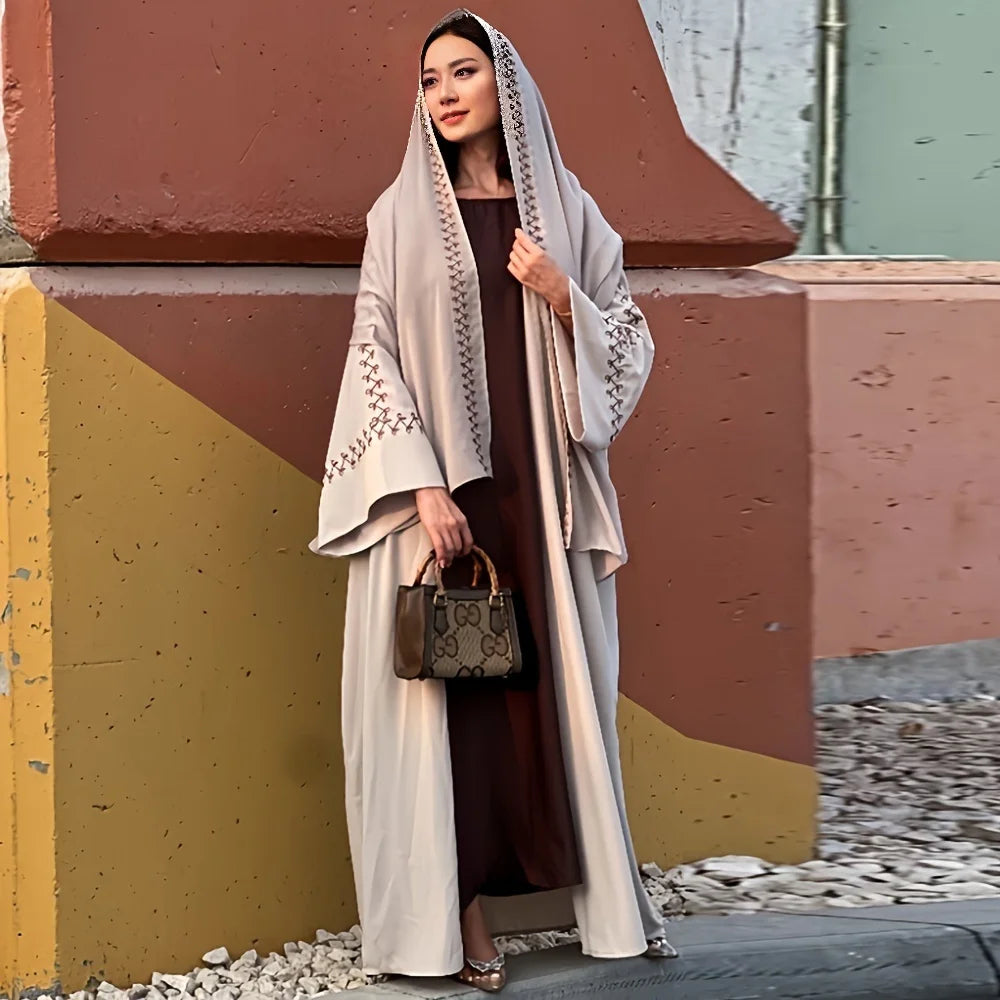 New Arrival Buckles Embroidery Abaya Hijab Dress Kimono Coat Outwear Women Long Sleeve Loose Arabic Muslim Dubai Moroccan Caftan