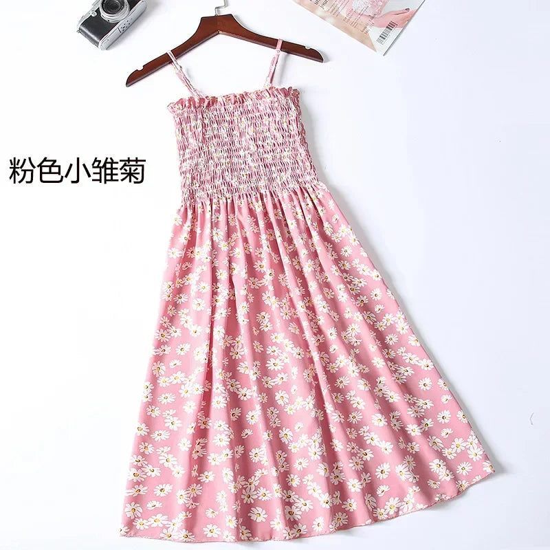 Summer Chiffon Camisole Sleeveless Dress Women Mini Dresses Fashion Elastic  Waist Casual Spaghetti Strap Dresses Vestidos Girls