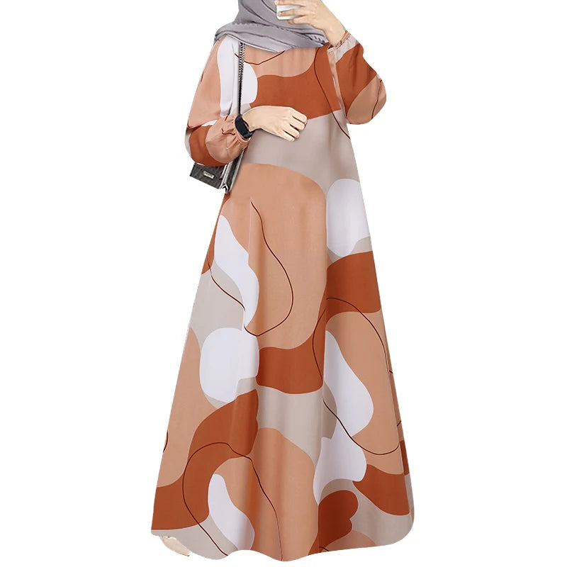 ZANZEA Muslim Fashion Color Block Long Dresses Women Elegant O Neck Long Sleeve A-line Vestidos Casual Loose Islamic Abaya Robes