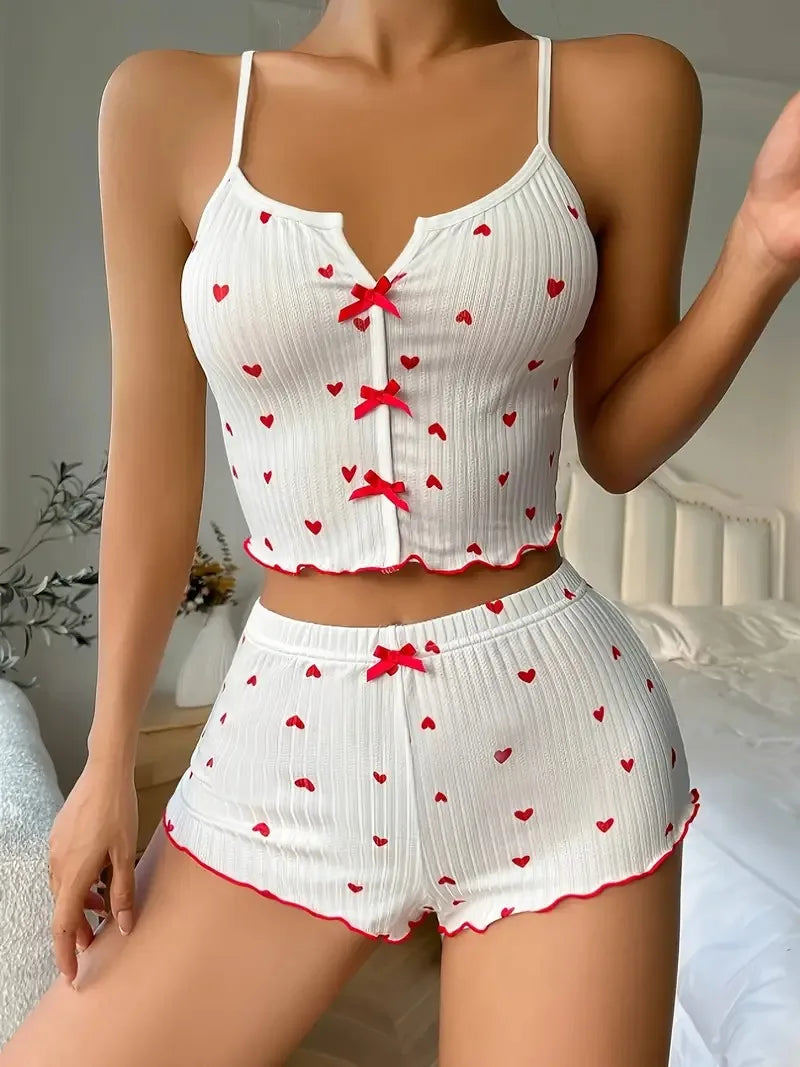 Sleepwear Women Pajamas Set Heart Print Soft Ribbed Fabric