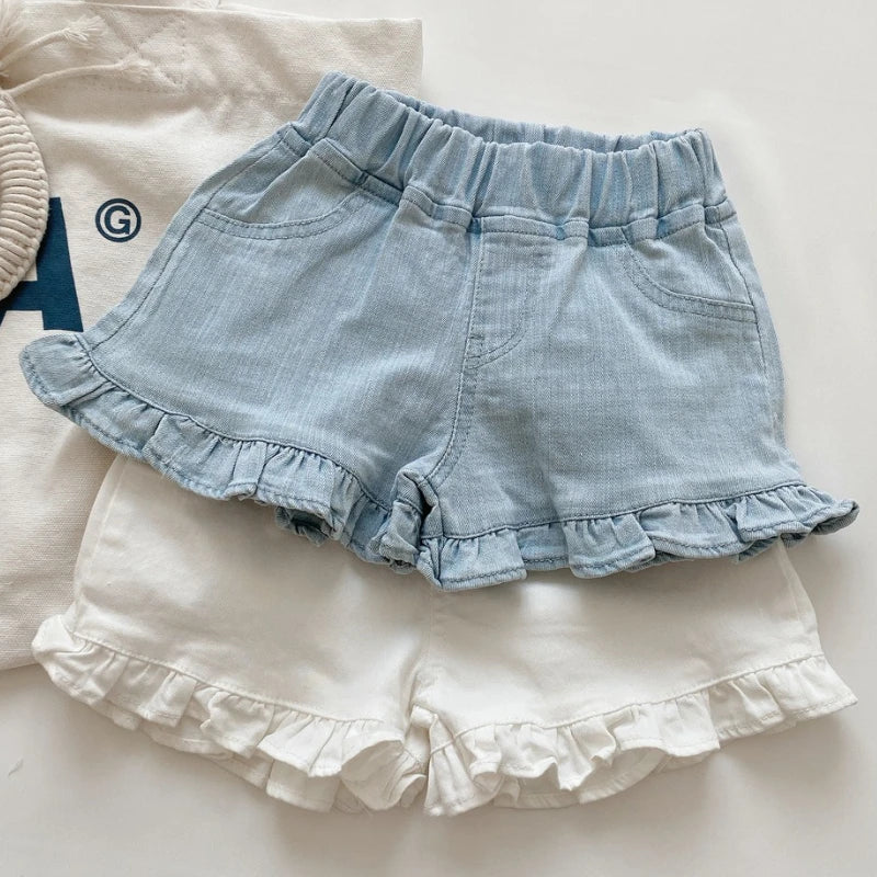 2025 New Kid's Shorts Fashion Girls Summer Denim Ruffle blue Jeans 2-7Y Children's Casual Daily Wear Pants