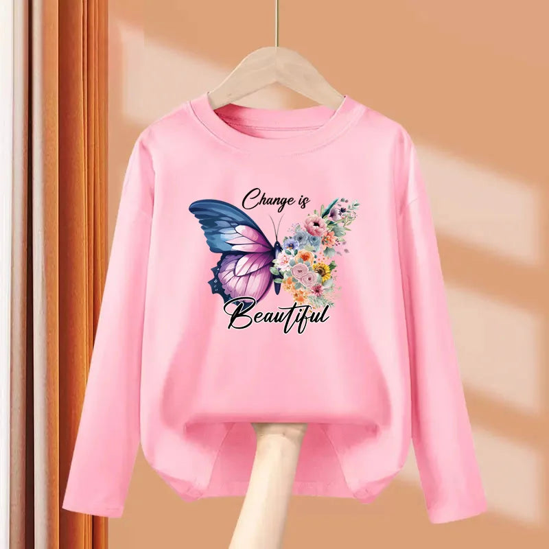 Children Long Sleeved T-shirt Butterfly Girl Fashion Top Spring Cotton Clothes Girls Butterfly Printed Tshirt 3-14T