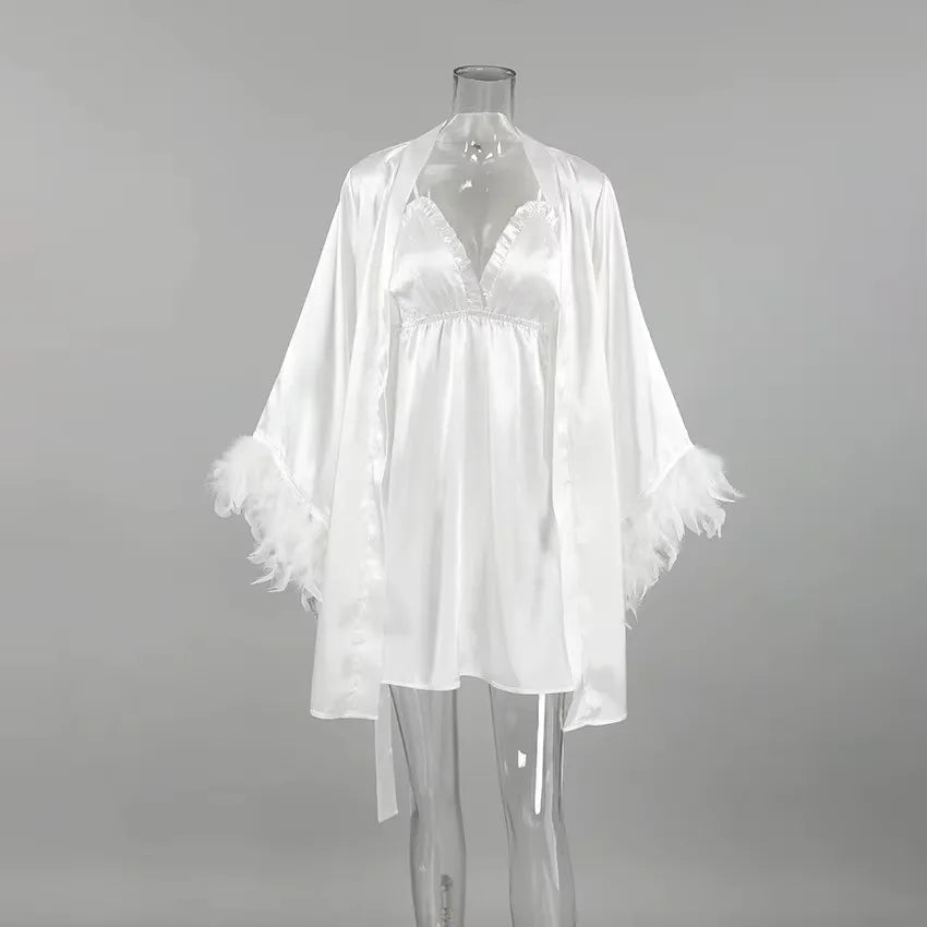 Wedding Bride Robe Morning Gown Elegant Feather Female Kimono Bathrobe Gown Sexy Rayon Summer New Sleepwear Nightwear Lingerie