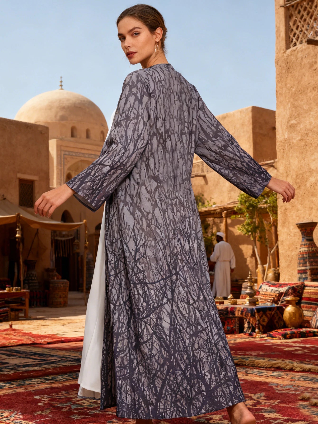 Stylish Tree Branch Print Open-Front Relaxed-Fit Long Abaya Women Muslim Moroccan Kaftan Ramadan Islam Dubai Arabic Robe 2026
