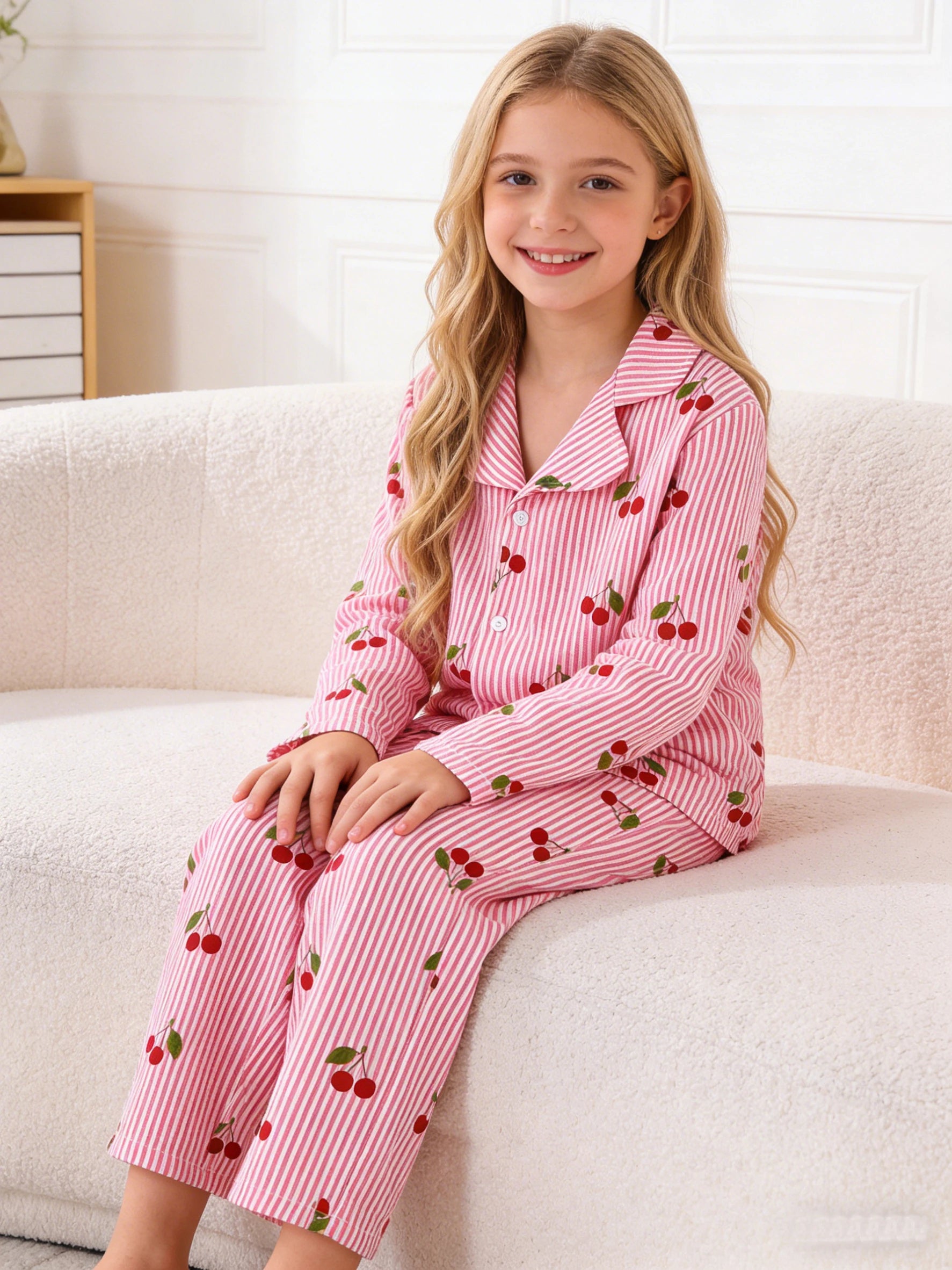 Girls' sleepwear and pants set for spring and autumn, girls' cherry top and pants for home wear, suitable for home wear