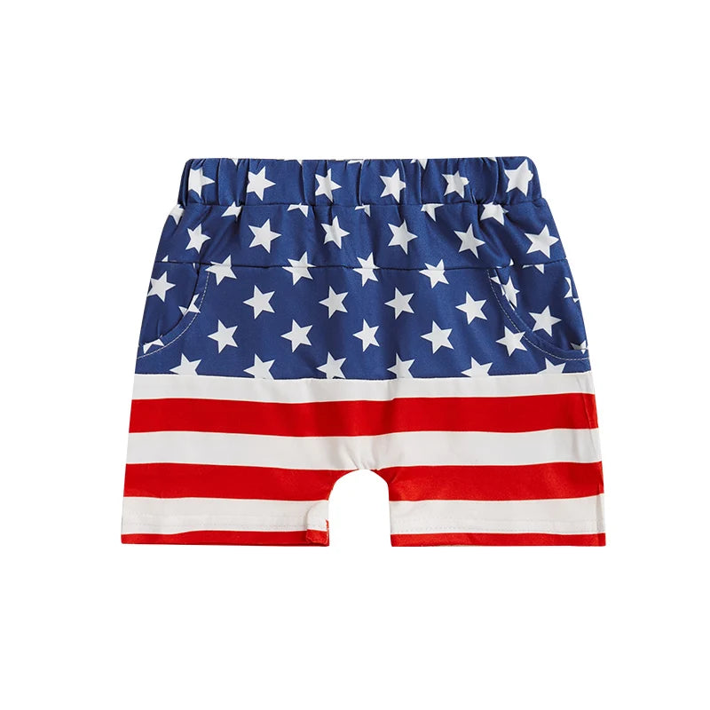 Baby Boy 4th of July Shorts American Flag Stars Striped Rocket Print Elastic Waist Toddler Boy Shorts Firework Pattern