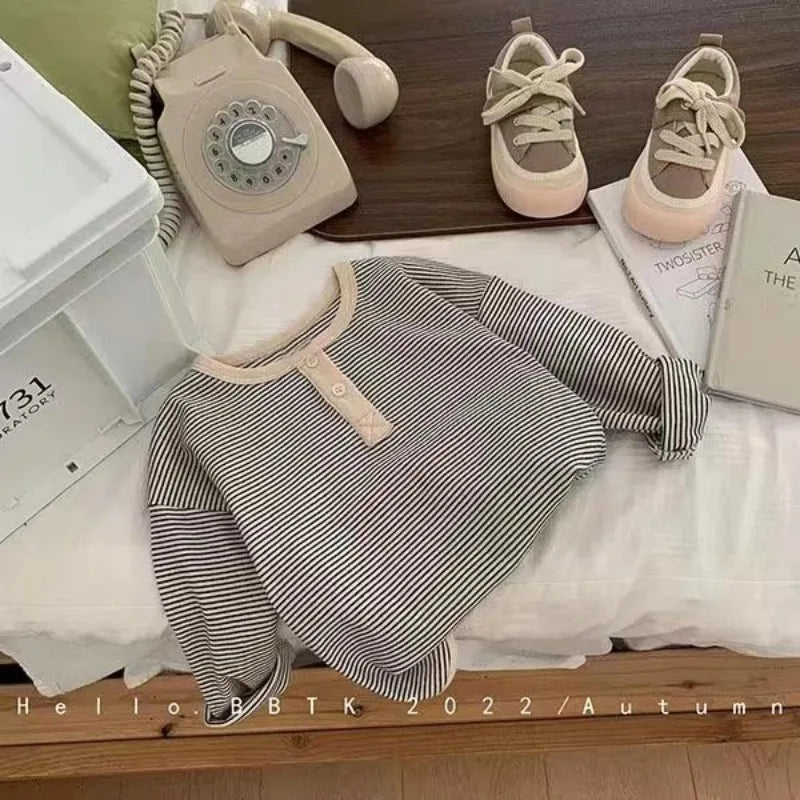 Children's Spring Autumn Long-sleeved T-shirt Boys Girls Korean Striped T Children's Warm Bottoming Shirt Baby Simple Top