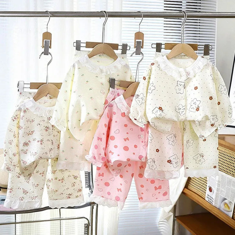 Girls Kids Home Clothes Set New Loose Thin Baby Pajamas Fashion Lace Floral Princess Children Air Conditioner Long Sleeve+Pants
