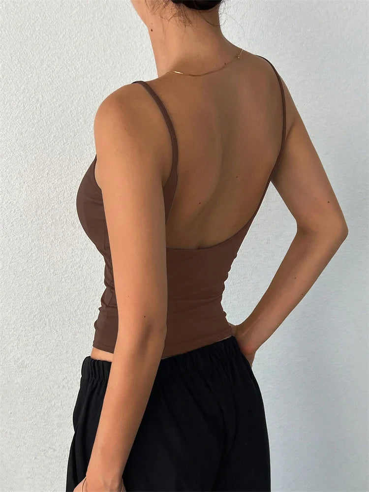 Women Backless Cami Crop Top Summer Solid Color Casual Sleeveless Top Streetwear Y2K Clothes