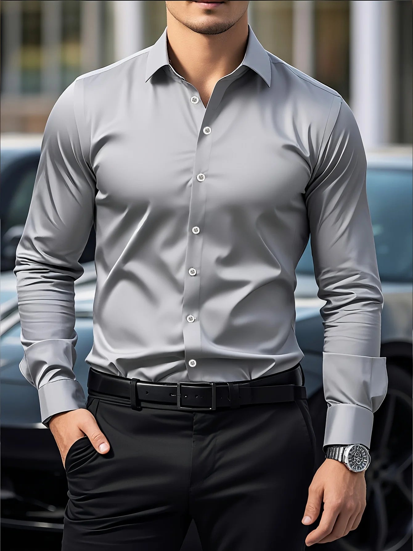 FGKKS New Men Shirt Brand New Solid Color Long Sleeve Elastic Fabric Men's Multiple Colors Male Quality Basic Shirt